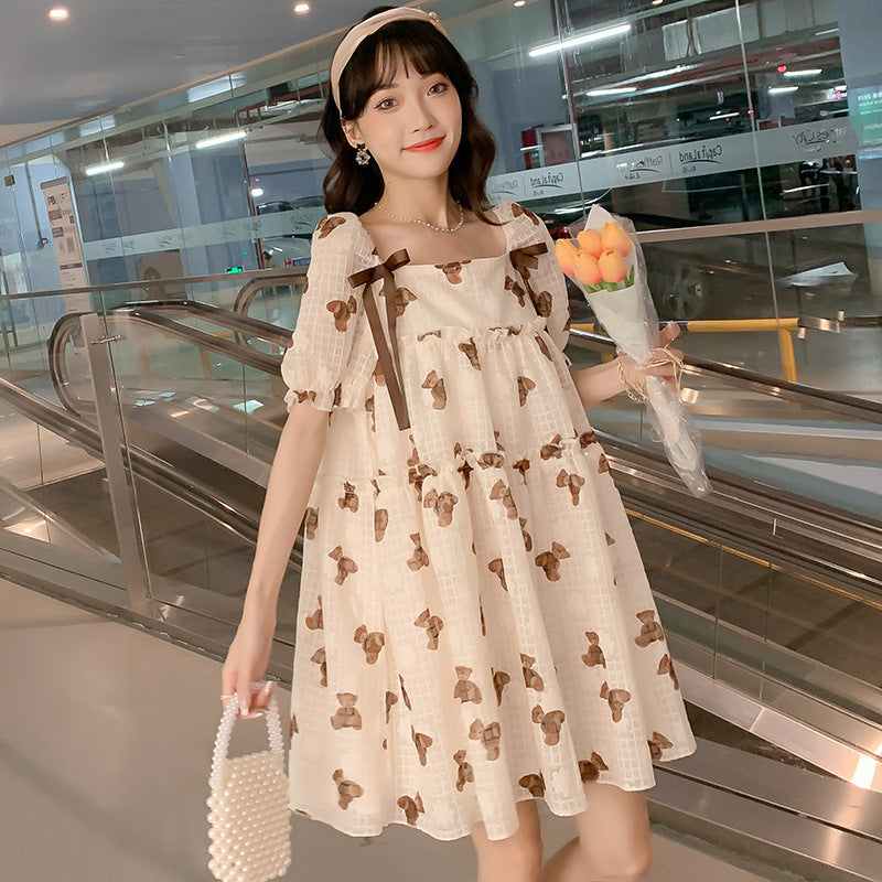 Thin Chiffon Printed Mid-Length Maternity Dress