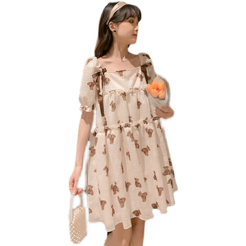Thin Chiffon Printed Mid-Length Maternity Dress