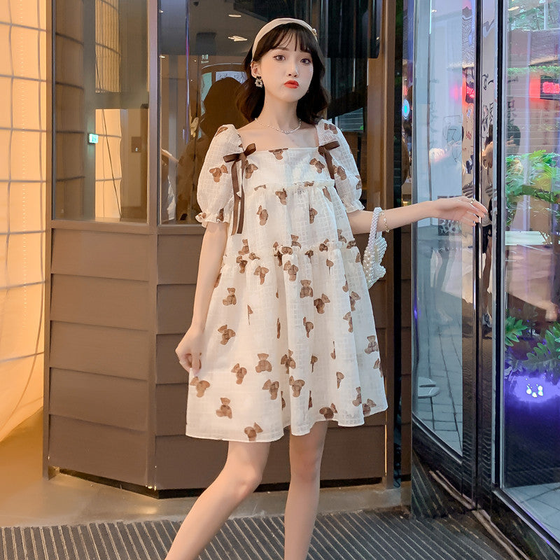 Thin Chiffon Printed Mid-Length Maternity Dress